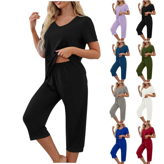 Asxite Pajamas for Women Set Solid Casual V Neck Short Sleeve with Capris Length Pants No Pocket Loungewear 2 Piece