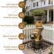 4 Tiered Water Fountain Outdoor, 35.6 Tall Cascading Bowl Leaf Carved Outdoor Waterfall Fountains Modern Water Feature with Dual Planters for Garden, Patio,Deck, Yard, Indoor Decor