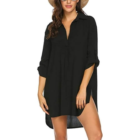 QIUYI Womens Beach Cover Up Shirt Bikini Beachwear Bathing Suit Beach Dress Baggy Shirt Casual Blouse Swimwear