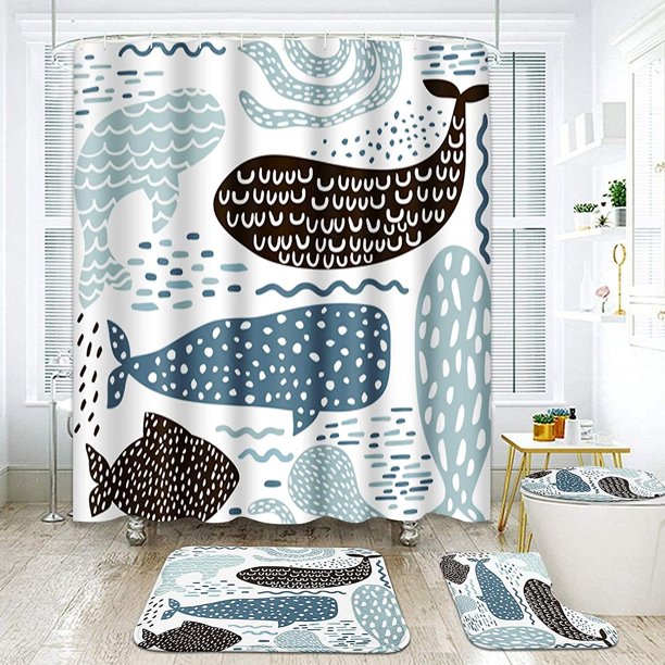 4 piezas de juego de cortina de ducha con sello de ballena pulpo pescado azul mar animal océano con alfombras antideslizantes tapa de inodoro y alfombra de baño decoración 72 & quot; X 72 & quot; Feliz Sencillez