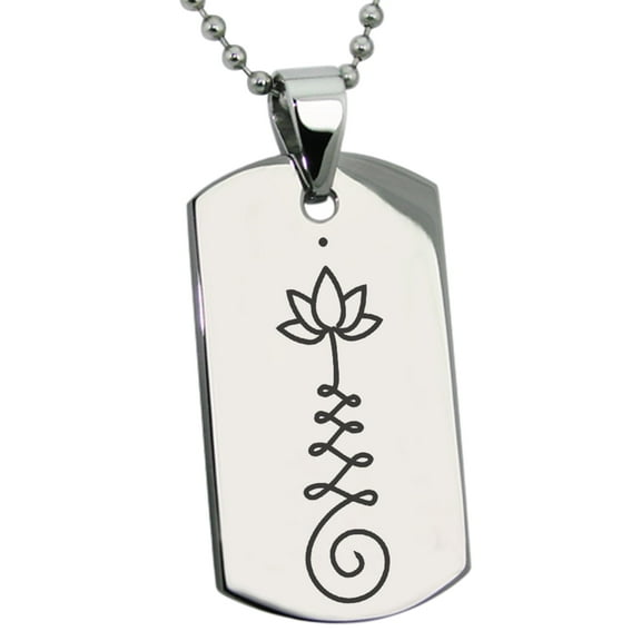 Tioneer Stainless Steel Sacred Lotus Unalome Engraved Dog Tag Pendant Necklace