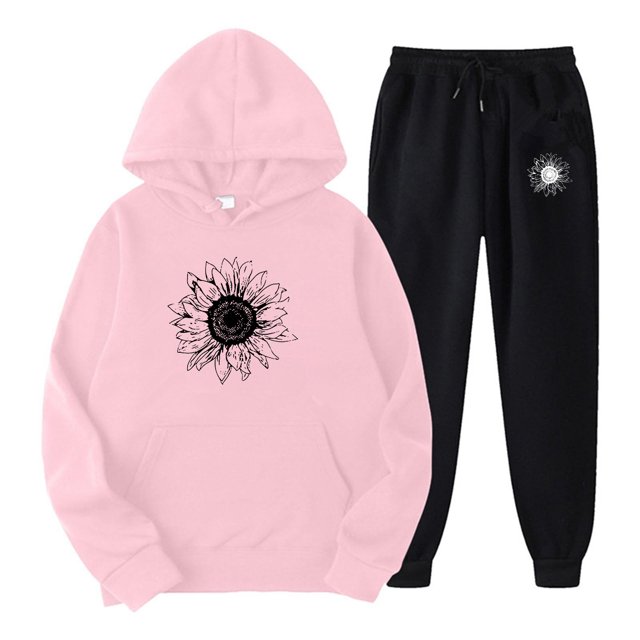 Gibobby Conjunto dama pants y sudadera afelpada Conjunto de pantalones y sudadera con capucha de felpa informal deportivo con estampado de girasol de color só(Rosa,XL)