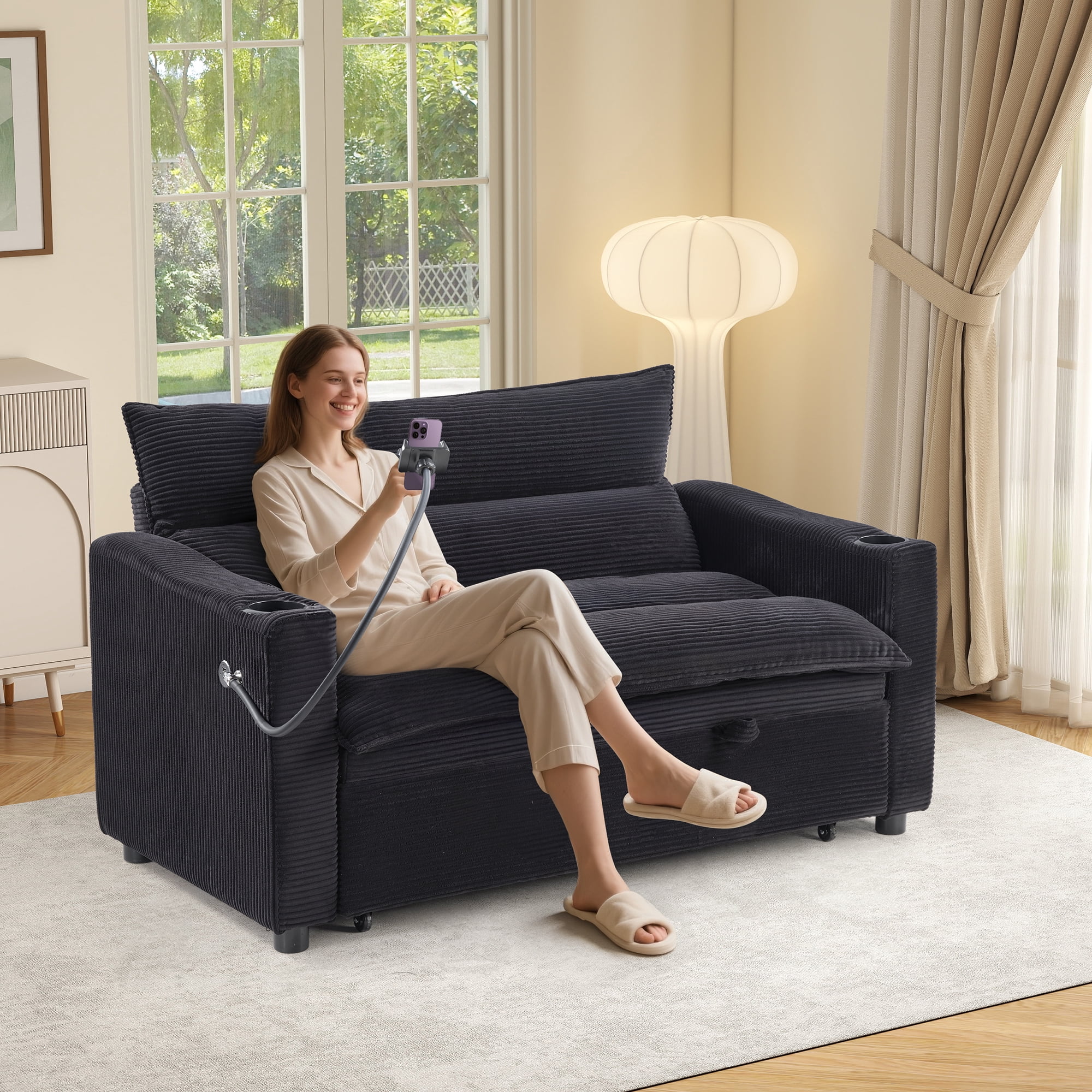 Ebello 3-in-1 Sleeper Sofa Bed, Corduroy Convertible Pullout Futon Couch with Adjustable Backrest, Phone Holders & USB Ports for Apartment, Small Space, 2-Seat(Black)