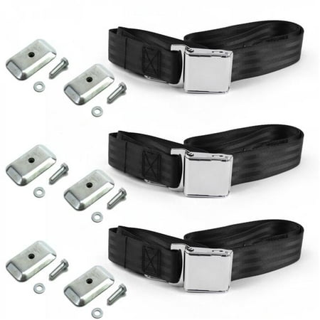 safeTboy  Black Lap Bench Seat Belt Kit with Bracketry for 1966-1973 Jeep Commando Airplane 2 Point - 3 Belts