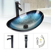 FULLWATT Boat Shape Bathroom Artistic Glass Vessel Sink Free Oil Rubbed Bronze Faucet and Pop-up Drain,Blue
