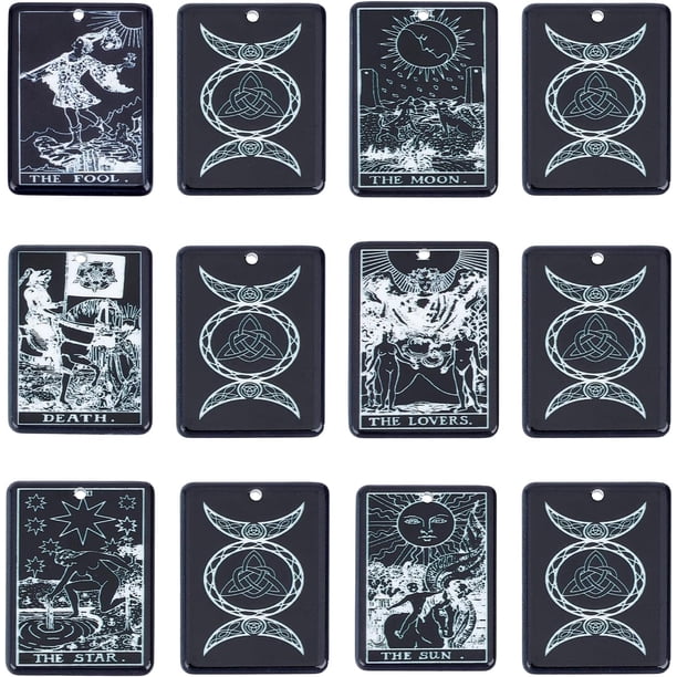 1 caja de 24 amuletos de tarot de 6 estilos, amuleto de la suerte, amuleto energético, cartas de tarot, acrílico, luna, sol y estrella.