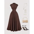 thumbnail image 2 of Women's High Neck Sleeveless Maxi Dress Cinched Waist A-Line Vintage Summer, 2 of 6
