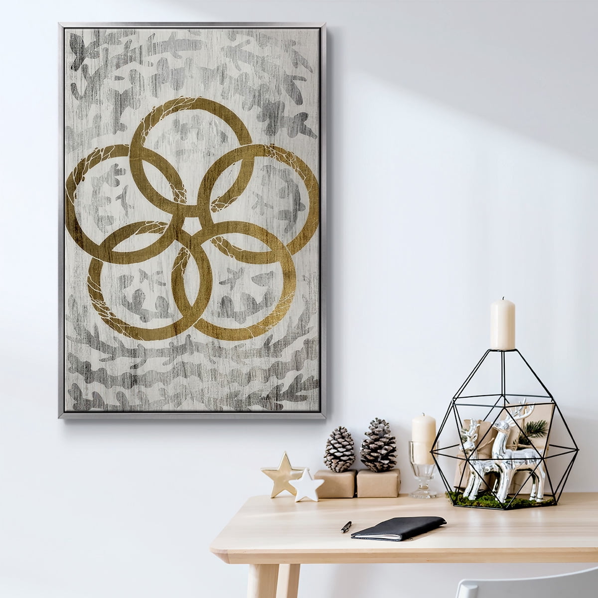 Five Golden Rings - Gold Leaf Holiday - Framed Gallery Wrapped Holiday Canvas - 17 x 25 - Silver Frame