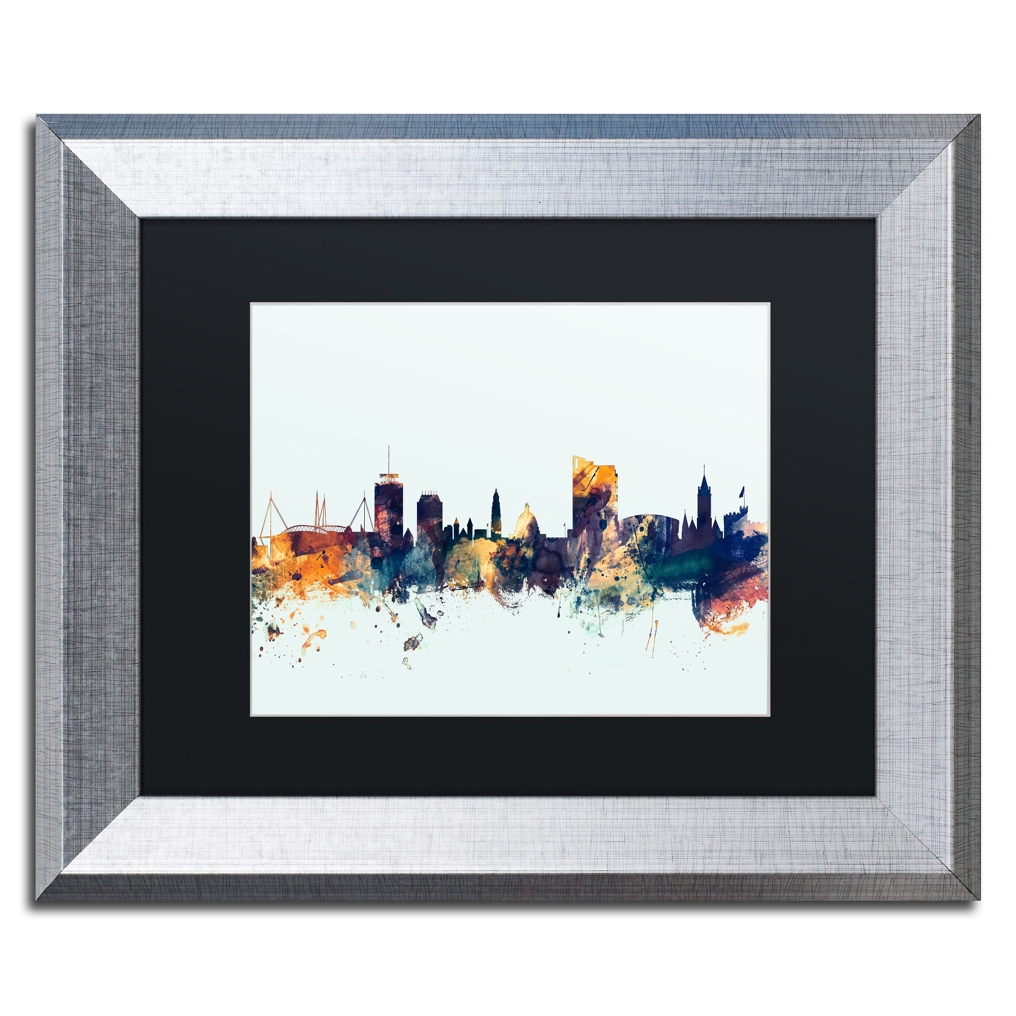 Trademark Fine Art 'Cardiff Wales Skyline Blue' Canvas Art by Michael Tompsett Black Matte, Silver Frame