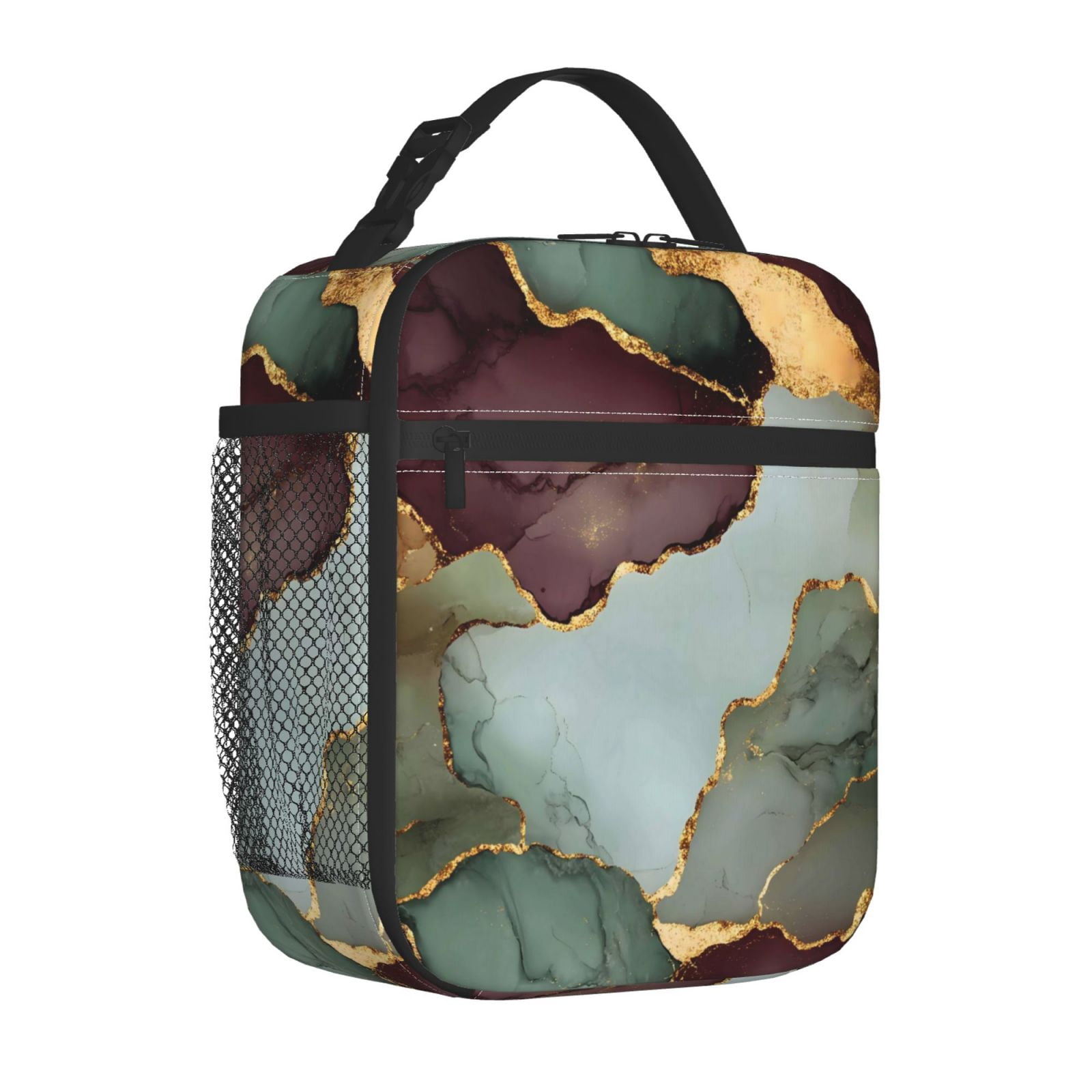 Lunch Bag For Women Men Insulated Portable Lunch Box Bento Box Office Picnic Travel Cooler Bag Green And Brown Gold Marble
