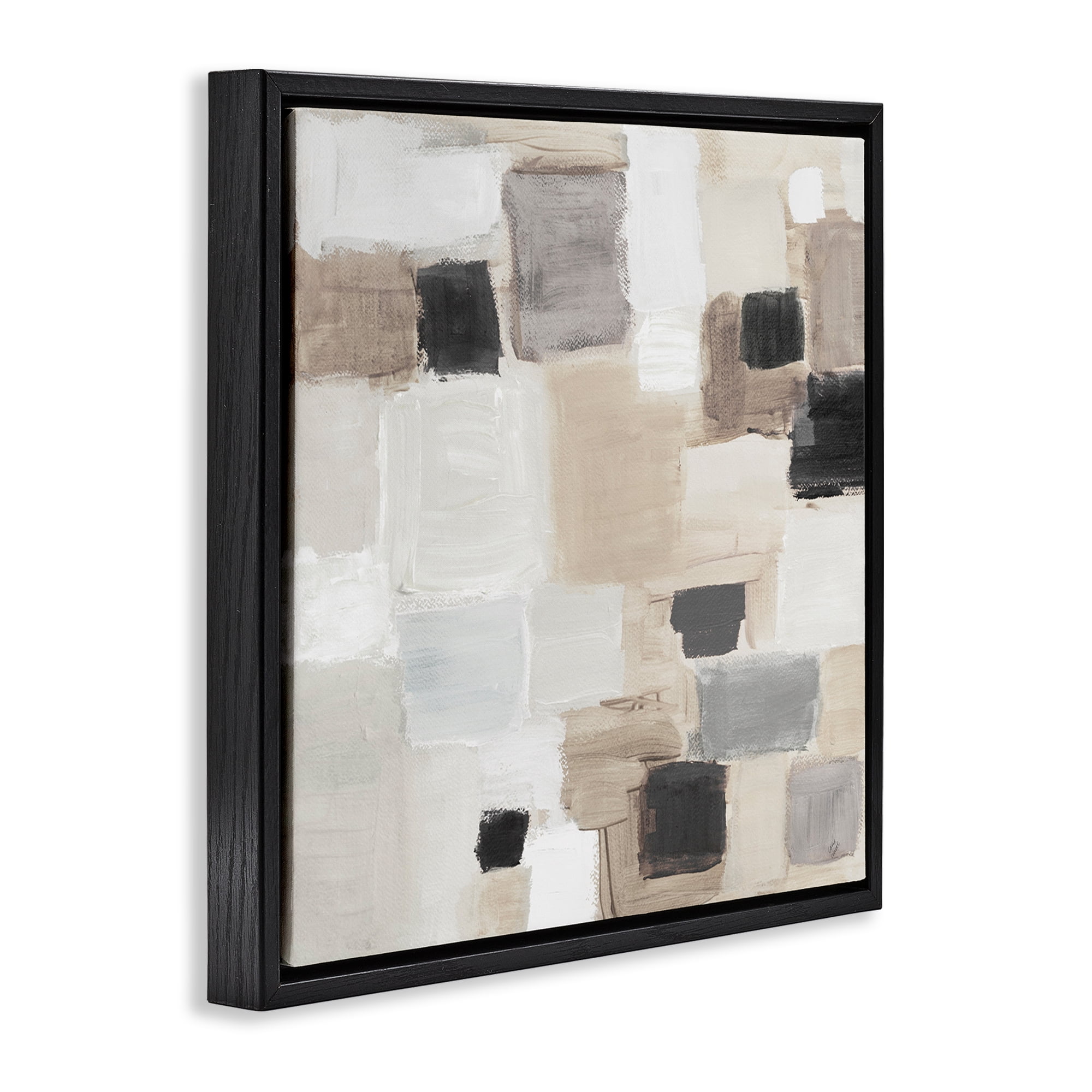 Stupell Industries Neutral Square Patchwork Abstract Painting Black Floater Framed Canvas Art Print Wall Art, 18 x 18
