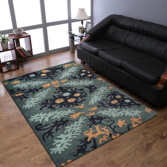 Rugsotic Carpets Hand Tufted Wool Eco-Friendly 6'x9' Area Rugs Rectangle Black Green Floral Modern High Pile Thick Handmade Anti Skid Indoor Rug for Living Room, Bedroom K00920