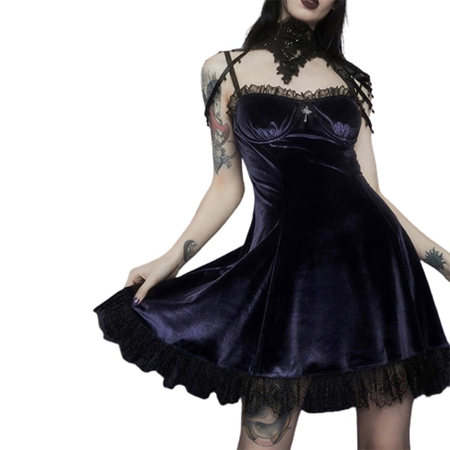 Txlixc Vestido de terciopelo con volantes para mujer, correa de espagueti, cuello en V, ribete de encaje, lazo, una pieza Txlixc Sexy
