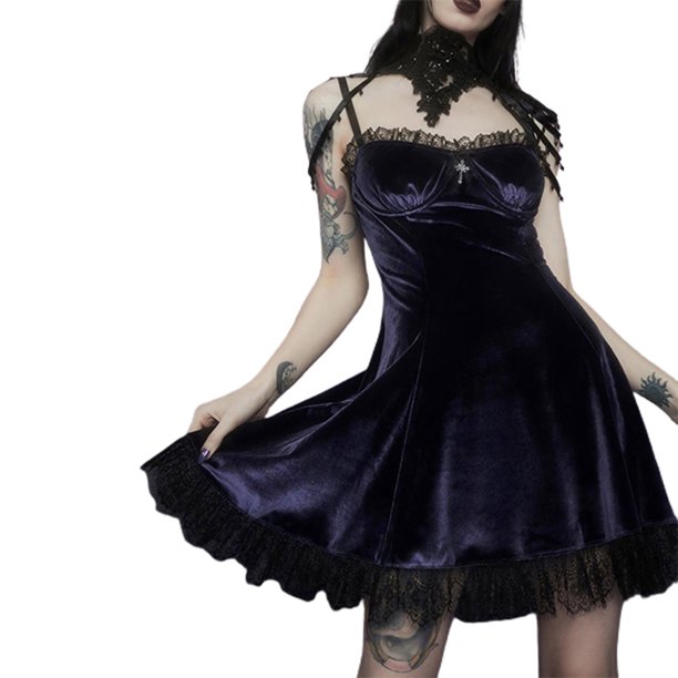 Txlixc Vestido de terciopelo con volantes para mujer, correa de espagueti, cuello en V, ribete de encaje, lazo, una pieza Txlixc Sexy