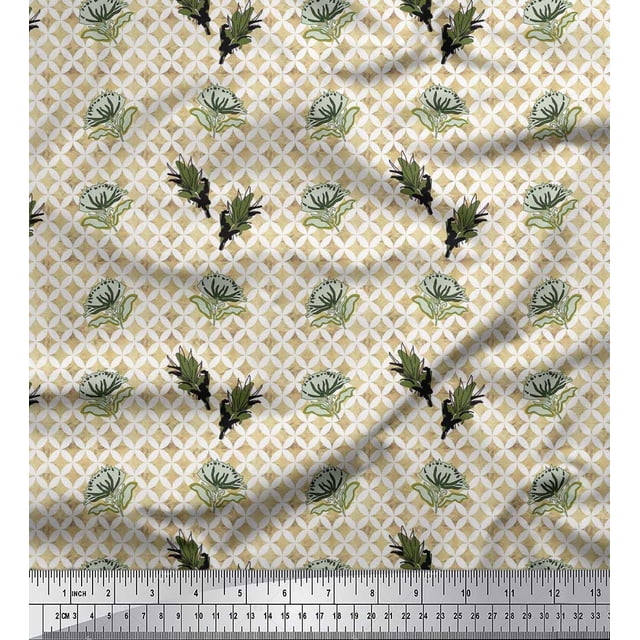 Soimoi polyester Crepe Fabric Curve Diamond,Leaves & Floral Artistic Printed Fabric 1 Yard 52 Inch Wide