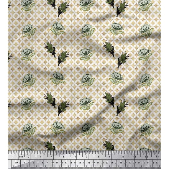 Soimoi Cotton Poplin Fabric Curve Diamond,Leaves & Floral Artistic Decor Fabric Printed Yard 42 Inch Wide