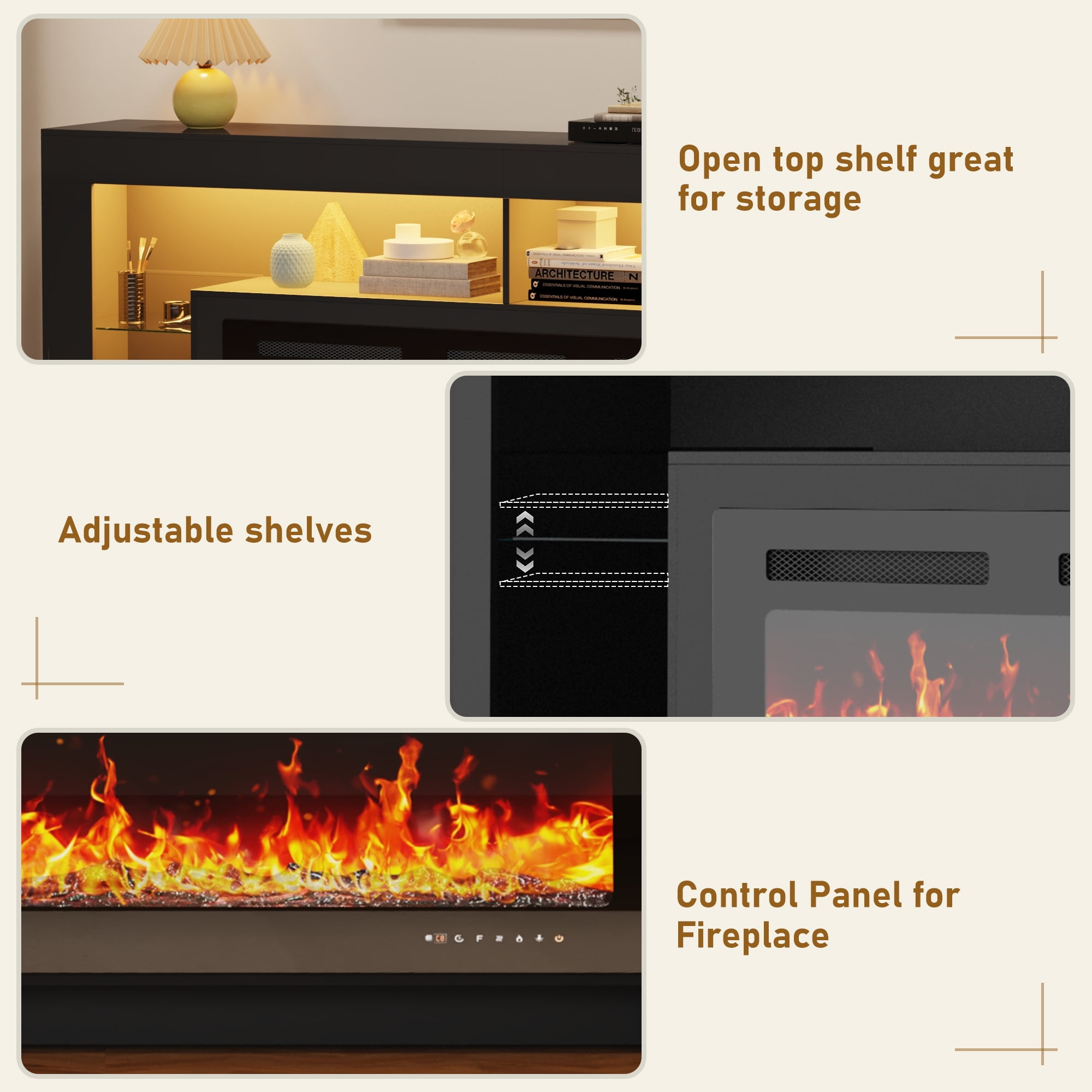 Blotout Fireplace TV Stand for 85/90''TV with 50'' Fireplace, 82'' Modern LED Entertainment Center with Overheat Protection, Adjustable Shelves, 2 Tier Fireplace Console for Living Room, Bedroom