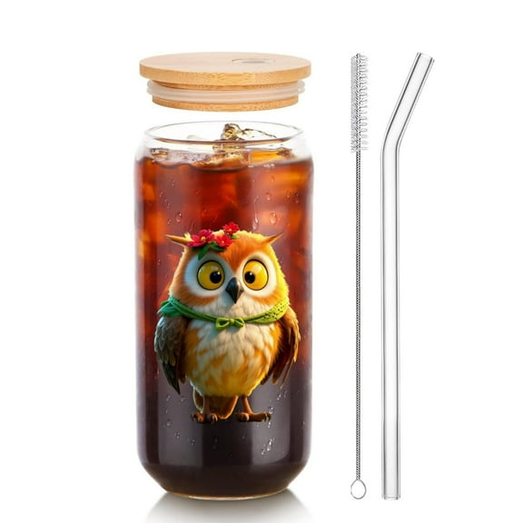 16 Oz Clear Glass Cup with Straw and Lid, Painted with Cute Owl Patterns, Tumbler Drinkware  Coffee Cup, Great for Gift or Everyday Use