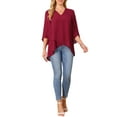 thumbnail image 2 of INSPIRAR CHIC Blusas de Mujer de Manga 3/4 con Volantes, Casual Elegante, Cuello en V, Camisa de Dobladillo Asimétrico, Blusa de Chifón, Color Rojo Vino, 2 of 6