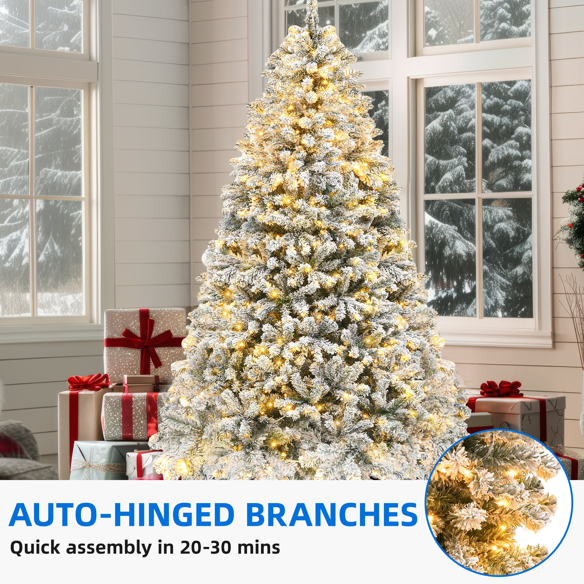Uforic 6ft Snow Flocked Artificial Christmas Tree with 250 Lights, 800 Branch Tips,Pre-Lit Holiday Christmas Pine Tree with 8 Light Modes and Foldable Base