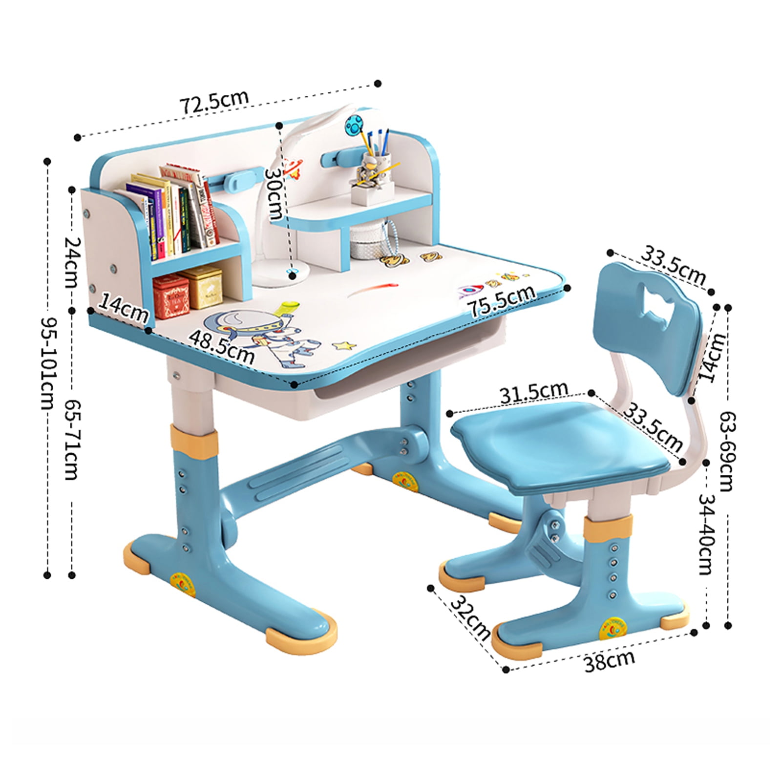AQMD Kids Desk Chair Set, Height Adjustable Kids Table and Chair Set w/Widened Desktop & Storage Drawer, Children School Study Table Student Desk for Boys Girls (Blue)