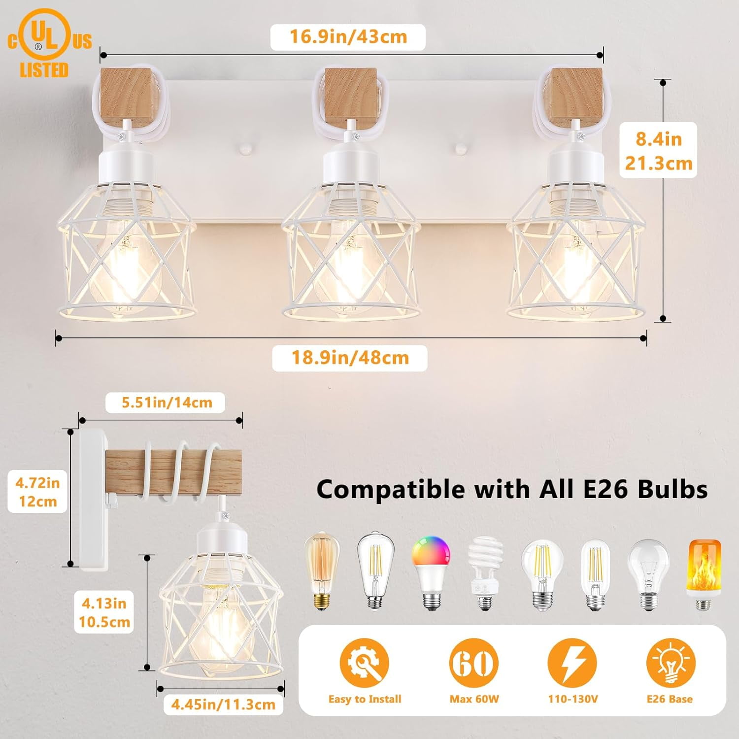 Farmhouse Vanity Light for Bathroom, 3-Light White Wood Bathroom Vanity Light Fixtures Over Mirror, Rustic Sconces Wall Lighting with Metal Lampshade for Living Room, Bedroom, Hallway
