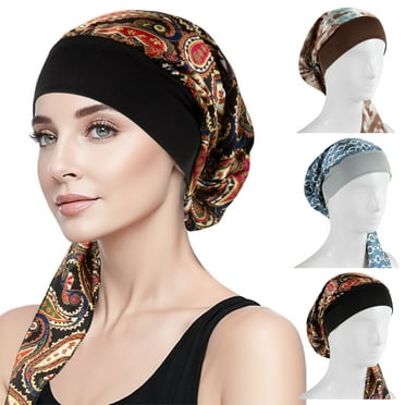 3Pcs Chemo Head Scarf Caps, Muslim Bandana Stretch Turban Hat, Pre Tied Headwear Scarf for Women Girls (Black, Blue, Brown)