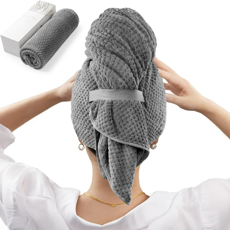 Large Microfiber Hair Towel Wrap for Women Anti Frizz Hair Drying Towel with Elastic Strap Fast Drying Hair Turbans for Wet Hair Long Thick Curly Hair Super Soft Hair Wrap Towels Dark