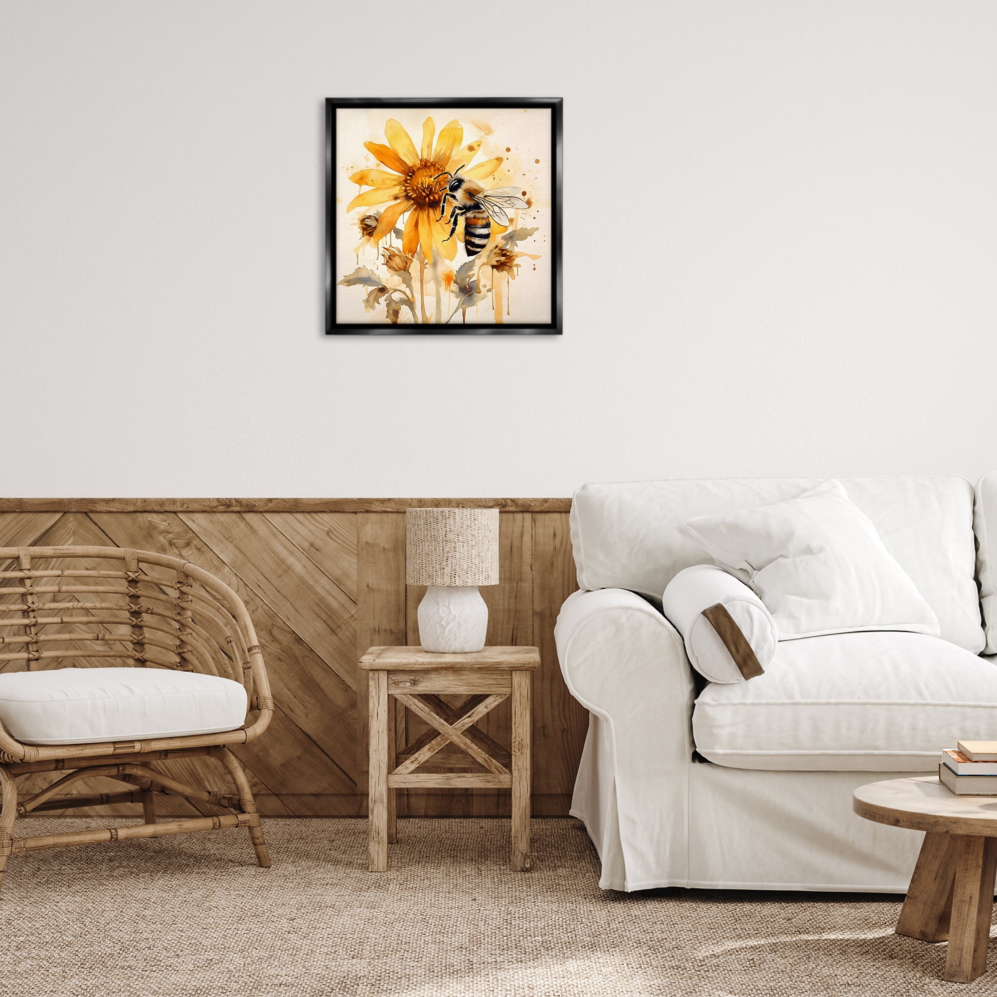 Stupell Industries Busy Bee with Flower Animals & Insects Painting Black Floater Framed Canvas Art Print Wall Art, 25 x 25
