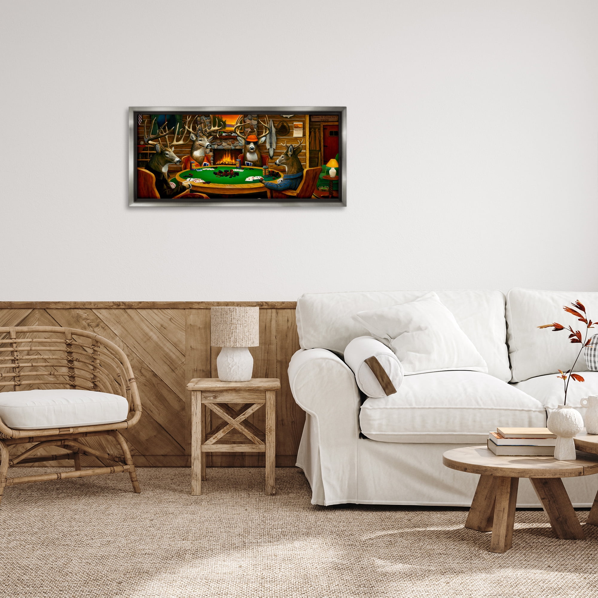 Stupell Industries Deer Playing Poker in Lodge Animals & Insects Painting Gray Floater Framed Canvas Art Print Wall Art, 31 x 14