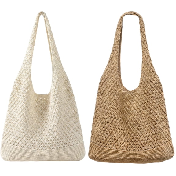 2Pcs Crochet Shoulder Beach Bags, Summer Mesh Tote Bag for Women Shopping Large Capacity Travel Aesthetic Hippie Knit Bag