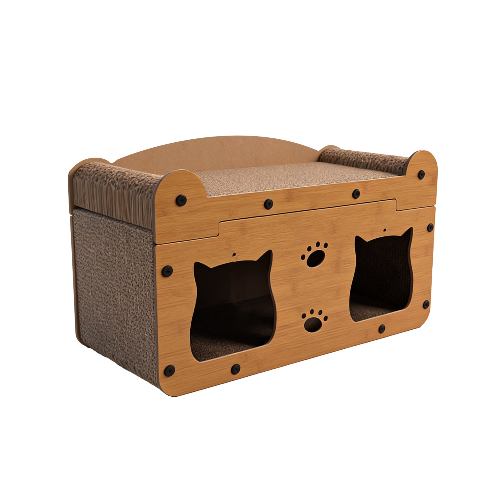 Cat Scratcher House, 2 in 1 Cat Bed and Cave with Hanging Ball Toys, Wooden Scratching Board for Kittens and Adult Cats