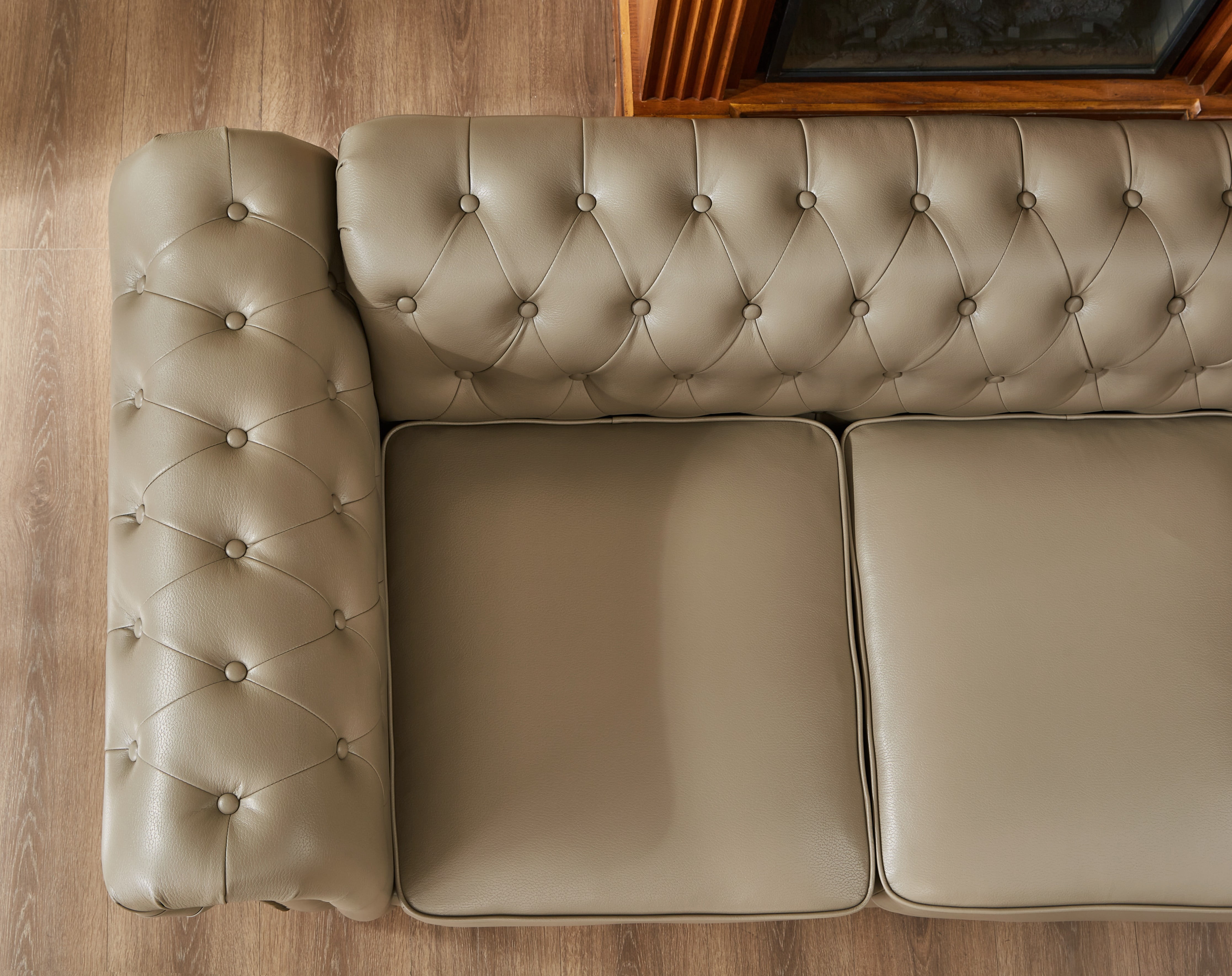 Noodeniya Chesterfield Sofa with Rolled Arms, Upholstered Sofa Padded Seat, Button Tufted Sofa with Nailhead Trim and Backrest, Faux Leather Couch, Khaki