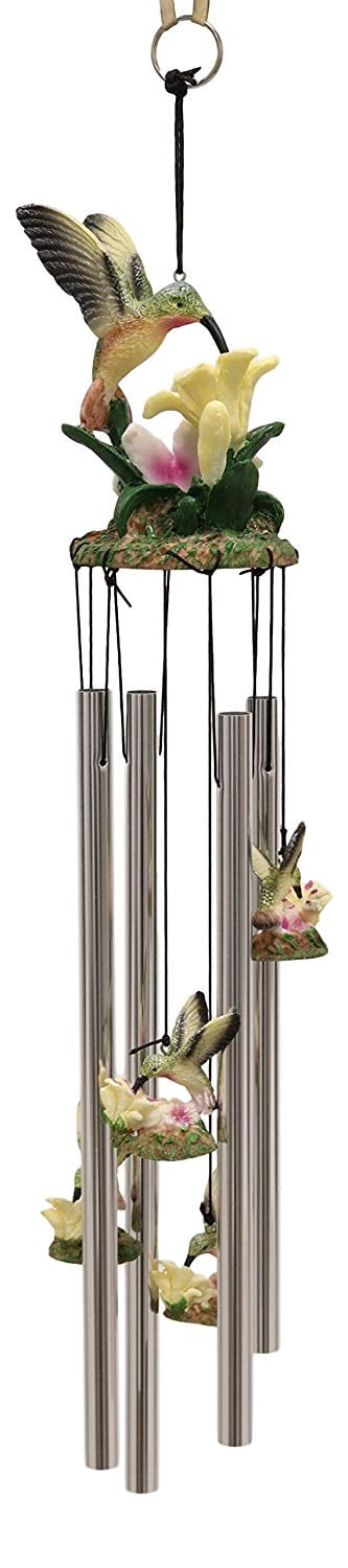 Ebros Beautiful Hummingbird with Nectarine Lily Flowers Wind Chime 21" L