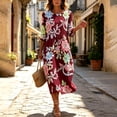 thumbnail image 6 of VBVC Women's and Women's Plus 3/4 Sleeve Midi Dress, Summer Casual Crew Neck Dress For Women, Ladies' Loose Fit Floral Dress with Pockets,Wine,S-5XL, 6 of 7