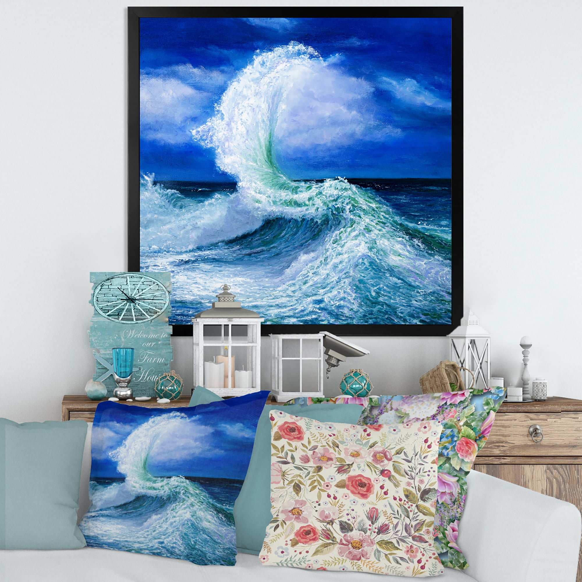 Waves Breaking During Wild Blue Ocean Tide 30 in x 30 in Framed Painting Canvas Art Print, by Designart