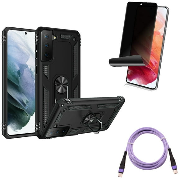 Purple 6ft PD Cable & Hybrid Case Cover & Privacy Screen Protector for Samsung Galaxy S22 (6.1") - Type-C to USB-C Long Charger Cord & Metal Ring Kickstand & TPU Film Fingerprint Accessory Bundle