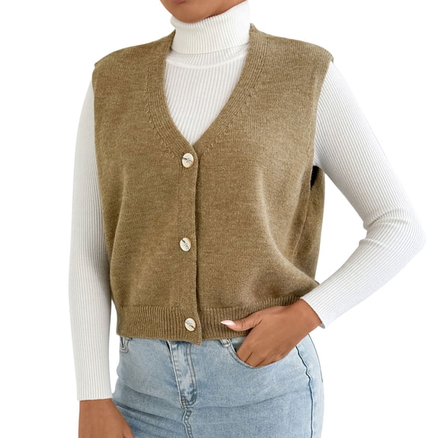 Xfvqtps Sweater Sweater Vest Womens Solid Color V-neck Knitted Sweater Button Sleeveless