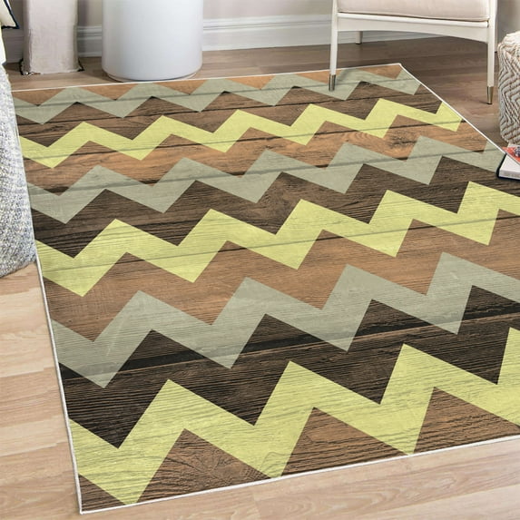 Chevron Decorative Rug, Zig Zag Lines Pattern on Wooden Looking Background Rustic Home Print, Quality Carpet for Bedroom Dorm and Living Room, 6 Sizes, Pale Sepia, by Ambesonne