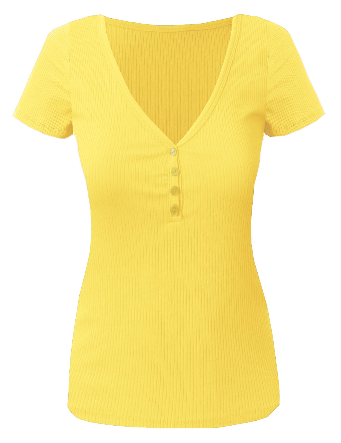 Doublju Women's VNeck Henley Ribbed Short Sleeve Top