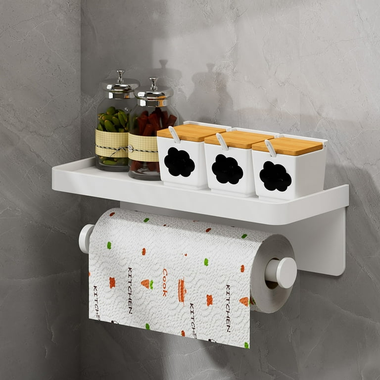 Paper Towel Holder Wall Mount for Kitchen, Self-Adhesive Paper Towel Holder  with Shelf for Bathroom, Anti-Rust Aluminum, No Drill or Wall-Mounted with