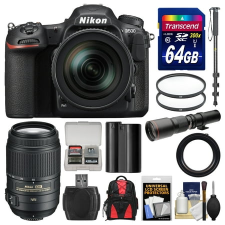 Nikon D500 Wi-Fi 4K Digital SLR Camera & 16-80mm VR with 55-300mm VR & 500mm Lenses + 64GB Card + Backpack + Battery + Monopod + Kit