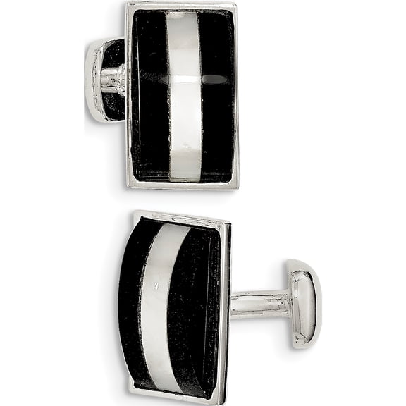 925 Sterling Silver Mother Of Pearl & Onyx Cuff Links