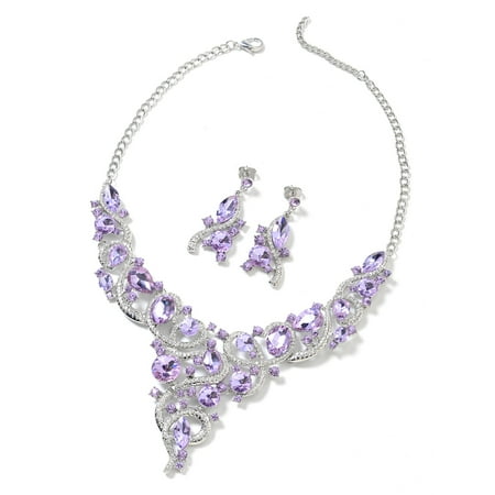 Amethyst Crystal Jewelry Set (Cubic Zirconia CZ Amethyst Purple and White Crystal Silvertone Earrings and Necklace for Women Jewelry Set Gift)