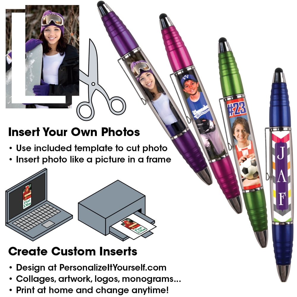 PixStylus 2 in 1 Personalized Pen and Stylus Combo - DIY – Just Insert a Photo or Create Your Own Custom Insert Online - Multicolor 6 Pack