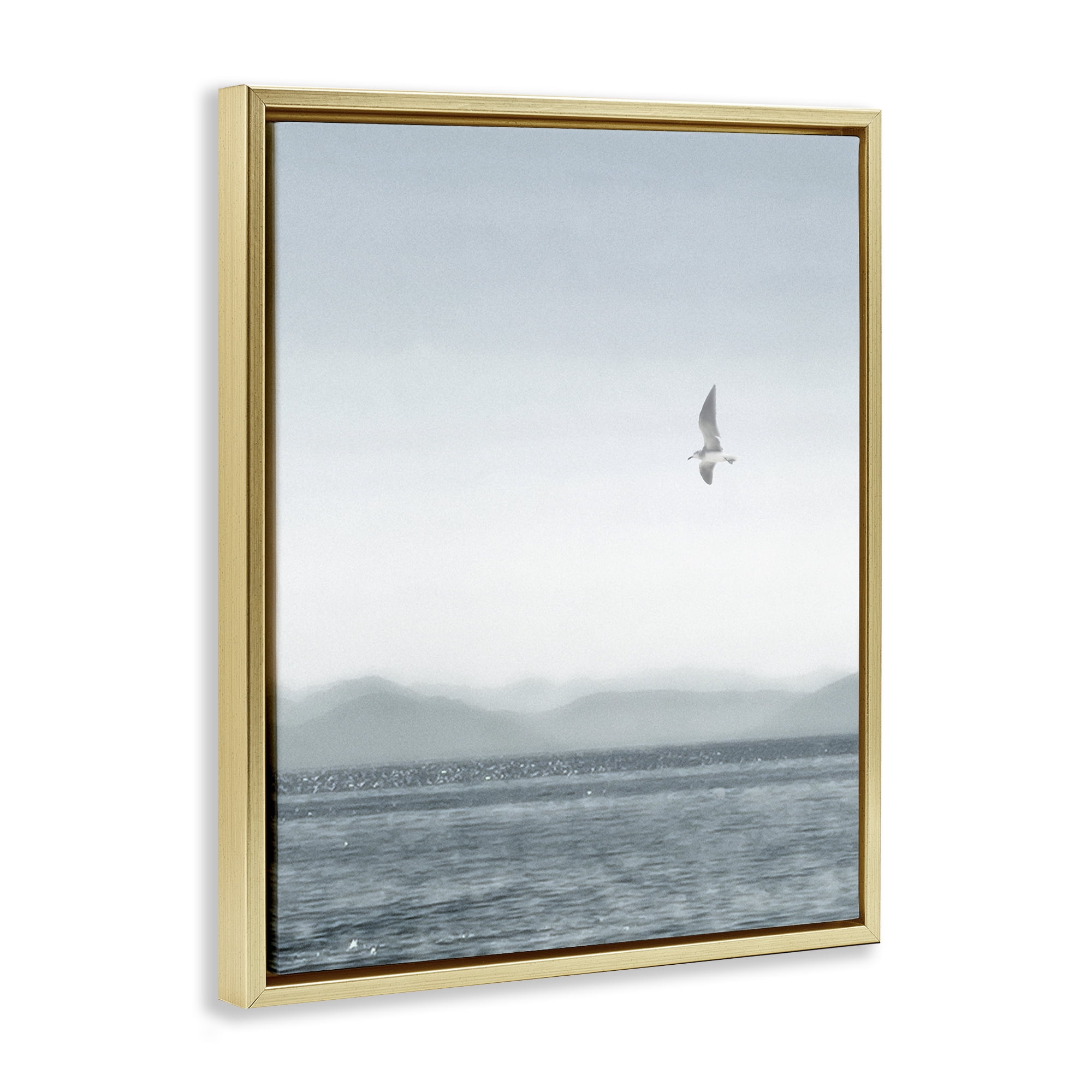Stupell Industries Lone Gull over Sea Coastal Painting Gold Floater Framed Canvas Art Print Wall Art, 25 x 31