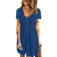 thumbnail image 3 of Bigersell Dress Women Fashion Casual Comfortable Solid Short Sleeve Round Neck Button Knee Length Dress Dress Shirts for Female Regular Mini Dresses, Style 24602, Blue M, 3 of 5