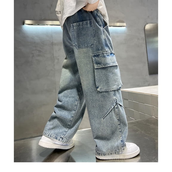 CPNG Boy's Baggy Fashion Cargo Jeans Teen Boys Casual Multi Pocket Straight Wide Leg Elastic High Waisted Denim Pants(Dark Blue,15-16 Years)