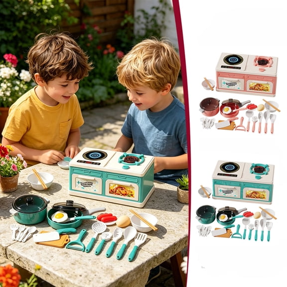 Kids Play Kitchen Stove with Realistic Lights & Sounds, Pretend Cooking Toy with Cookware Utensils Pots Pans Fake Food, Educational Role Play Set for Toddlers Boys Girls Ages 3 Birthday Gifts