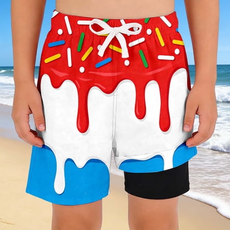 MEZZALL Children Boys Swim Trunks With Compression Liner Swimming Bottoms Ice Cream Printed Casual Bathing For Kids Swim Shorts Comfort Swimwear